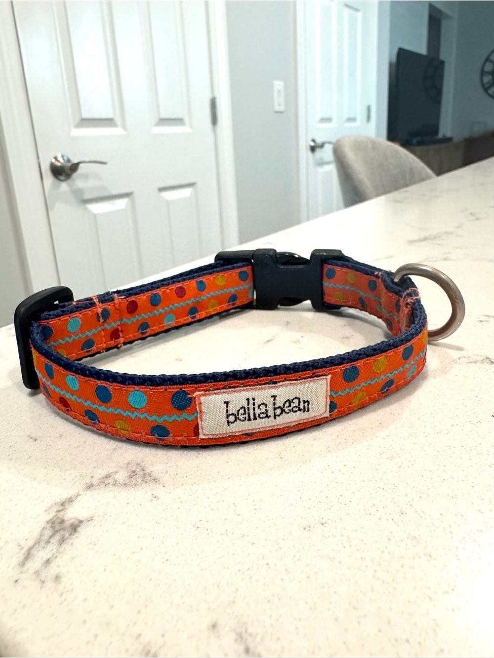 NWOT Bella Bean Orange and Dark Blue Dog Collar w/ Polka Dots - Medium